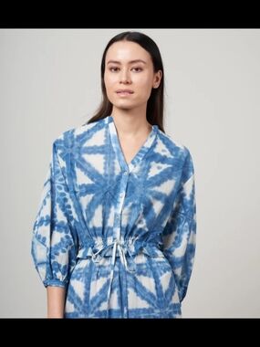 Cara Cara Perrin Blue Tie Dye Shibori Drawstring Blouse Top